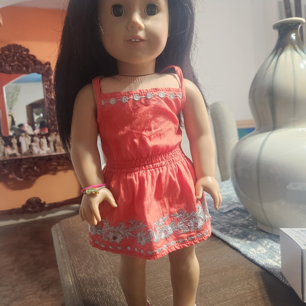 American Girl Doll in Coral Dress with Silver Embroidery